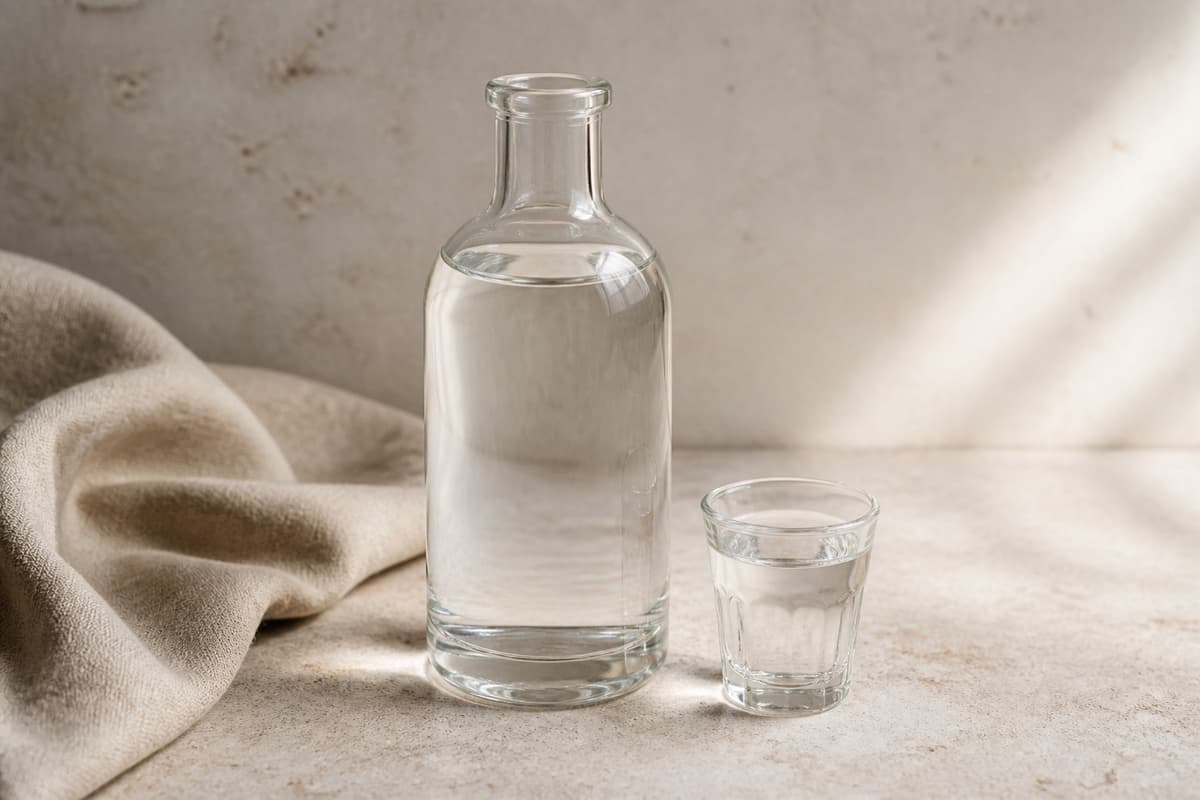 Neutral vodka 40 % fotograferet i naturligt nordisk køkkenlys