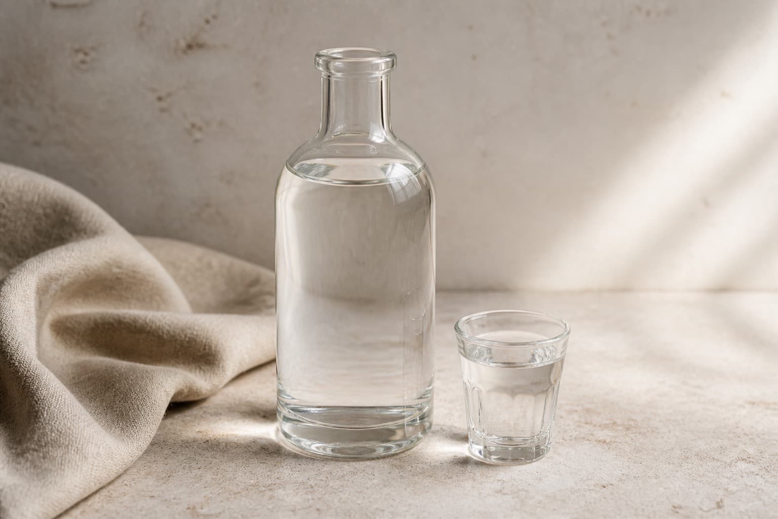 Neutral vodka 40 % fotograferet i naturligt nordisk køkkenlys
