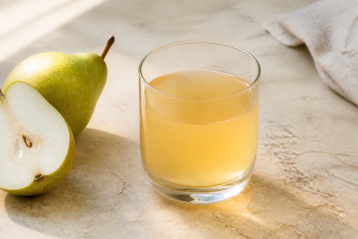 Pærejuice fotograferet i naturligt nordisk køkkenlys