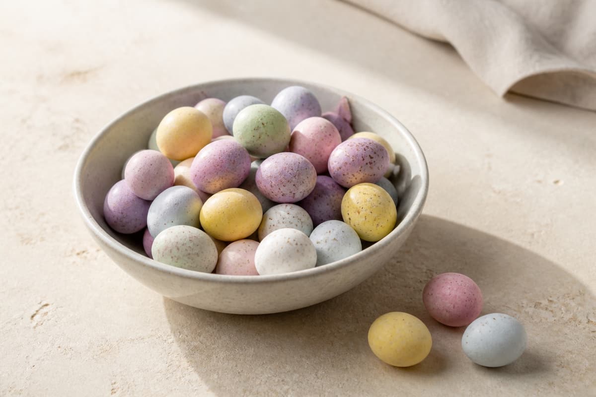 Pastelfarvede chokoladeæg fotograferet i naturligt nordisk køkkenlys