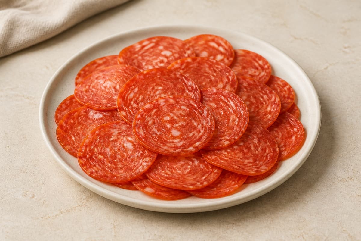 Pepperoni i tynde skiver fotograferet i naturligt nordisk køkkenlys