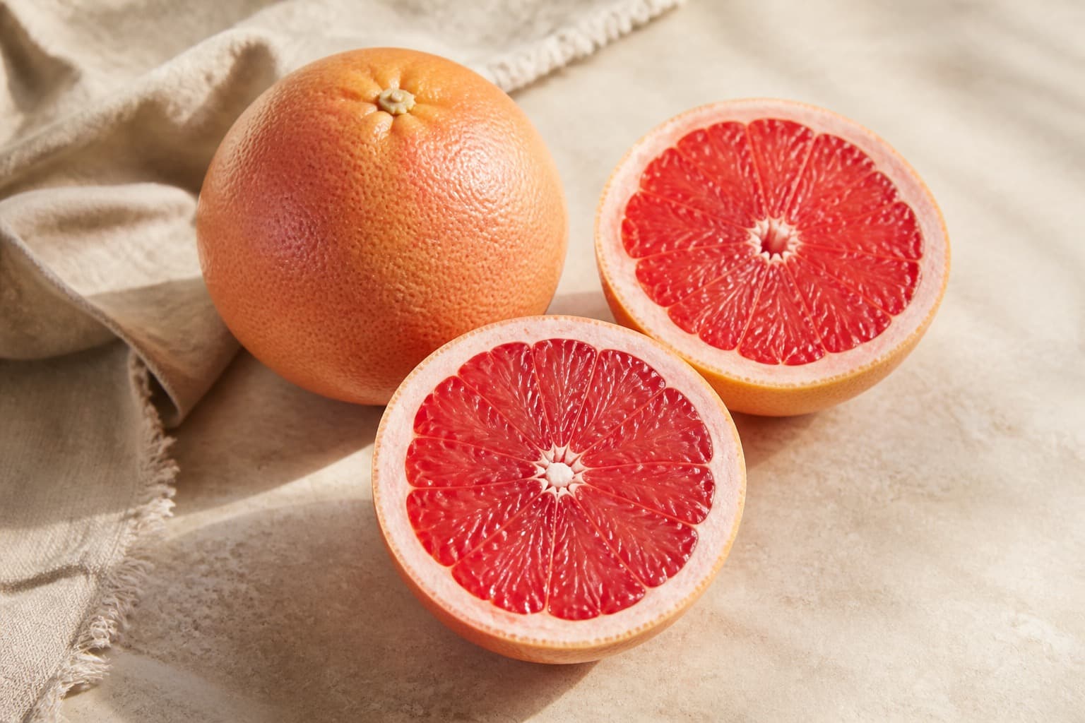 Pink grapefrugt fotograferet i naturligt nordisk køkkenlys