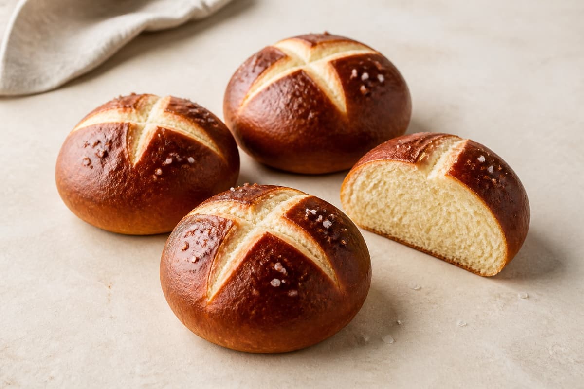 Pretzel briocheboller fotograferet i naturligt nordisk køkkenlys