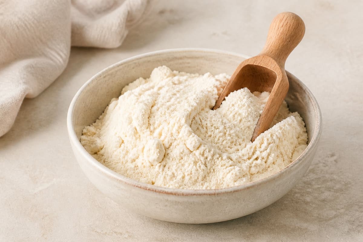 Proteinpulver fotograferet i naturligt nordisk køkkenlys