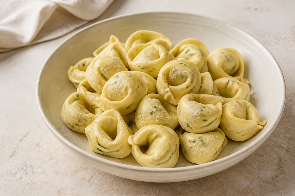 Frisk ricotta-spinat-tortellini fotograferet i naturligt nordisk køkkenlys