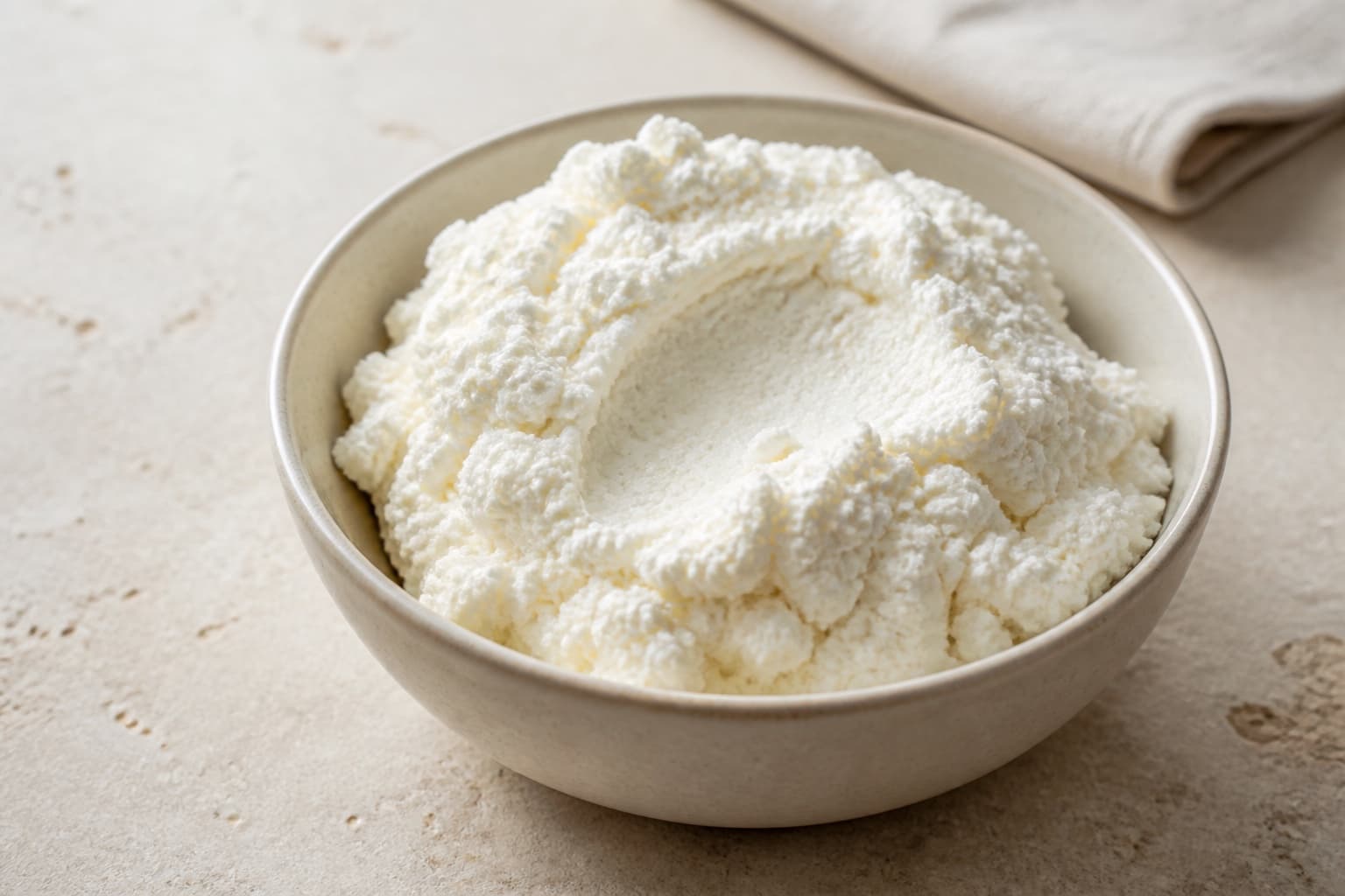 Ricotta fotograferet i naturligt nordisk køkkenlys