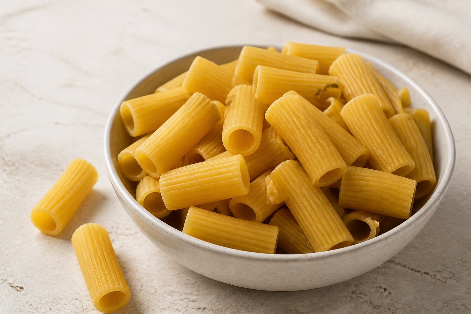 Rigatoni fotograferet i naturligt nordisk køkkenlys