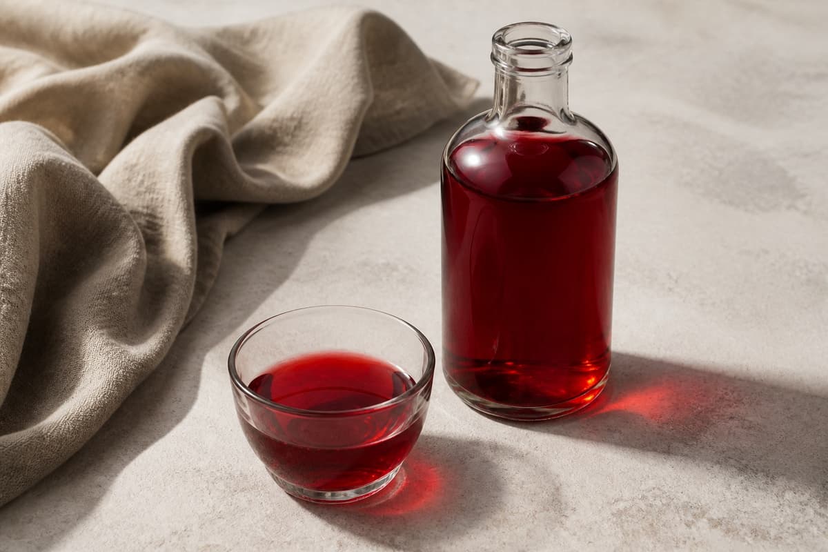 Rød bitter aperitif fotograferet i naturligt nordisk køkkenlys