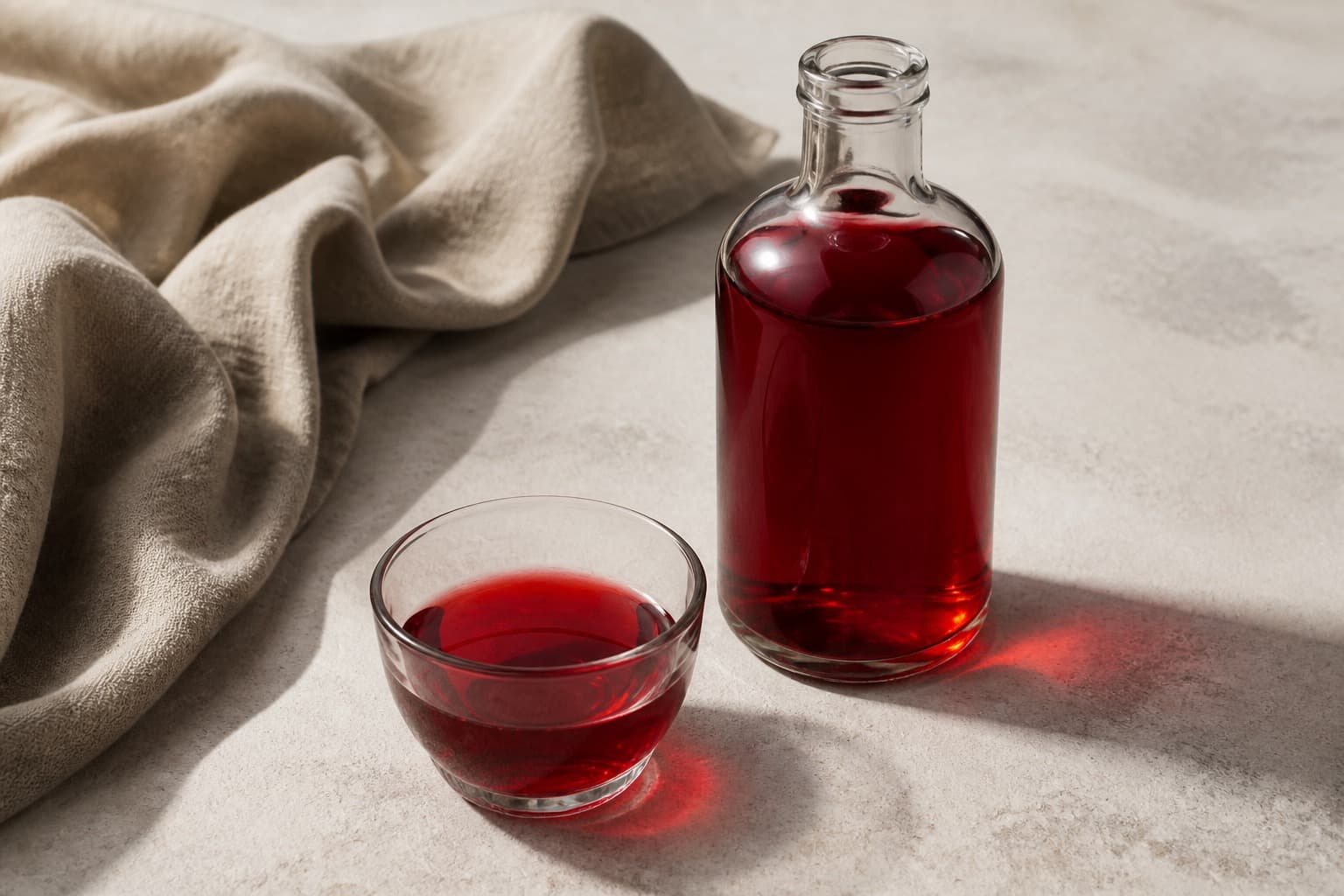 Rød bitter aperitif fotograferet i naturligt nordisk køkkenlys