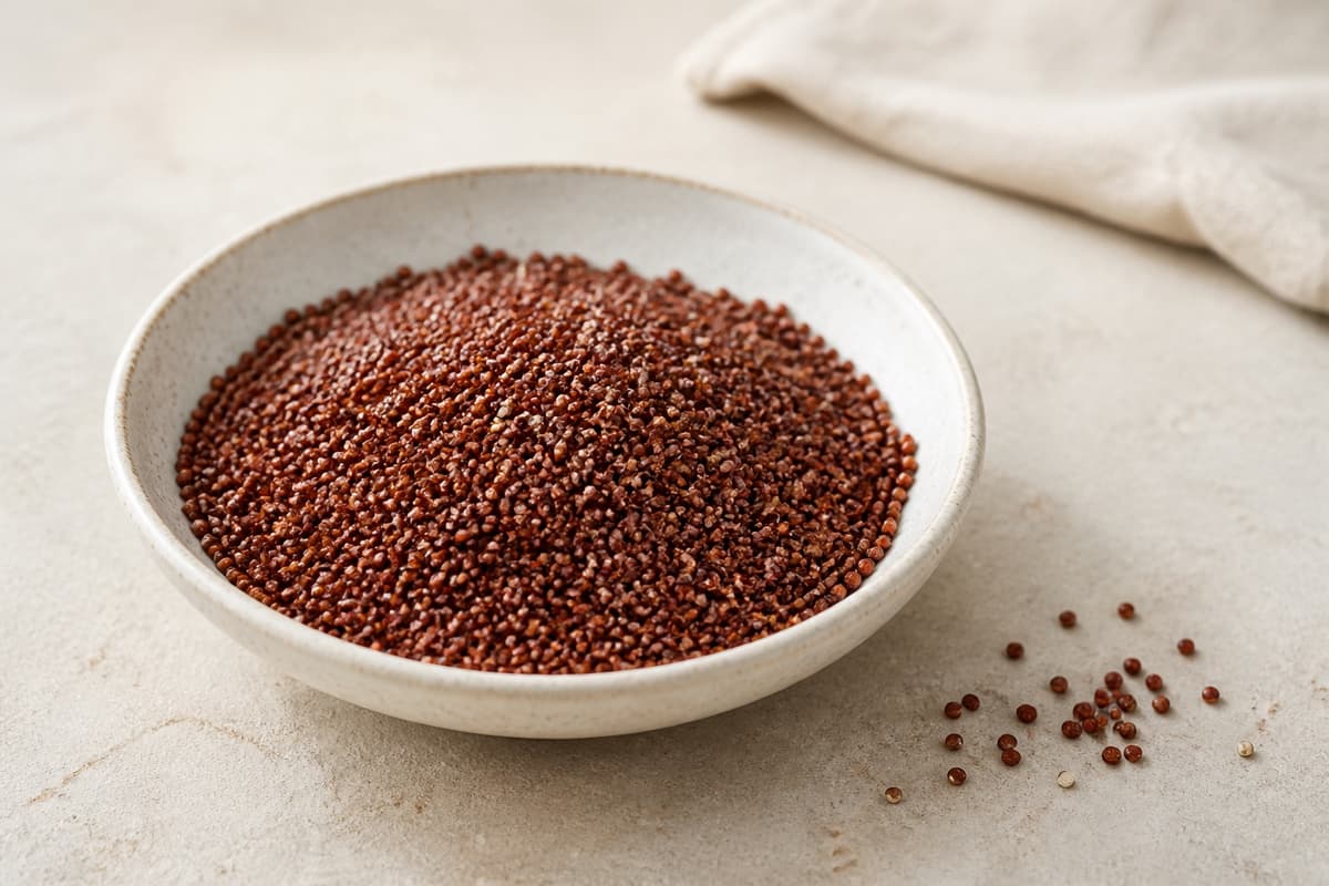 Rød quinoa fotograferet i naturligt nordisk køkkenlys