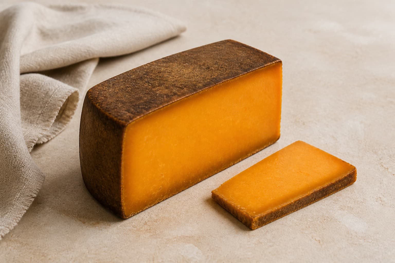Røget cheddar fotograferet i naturligt nordisk køkkenlys