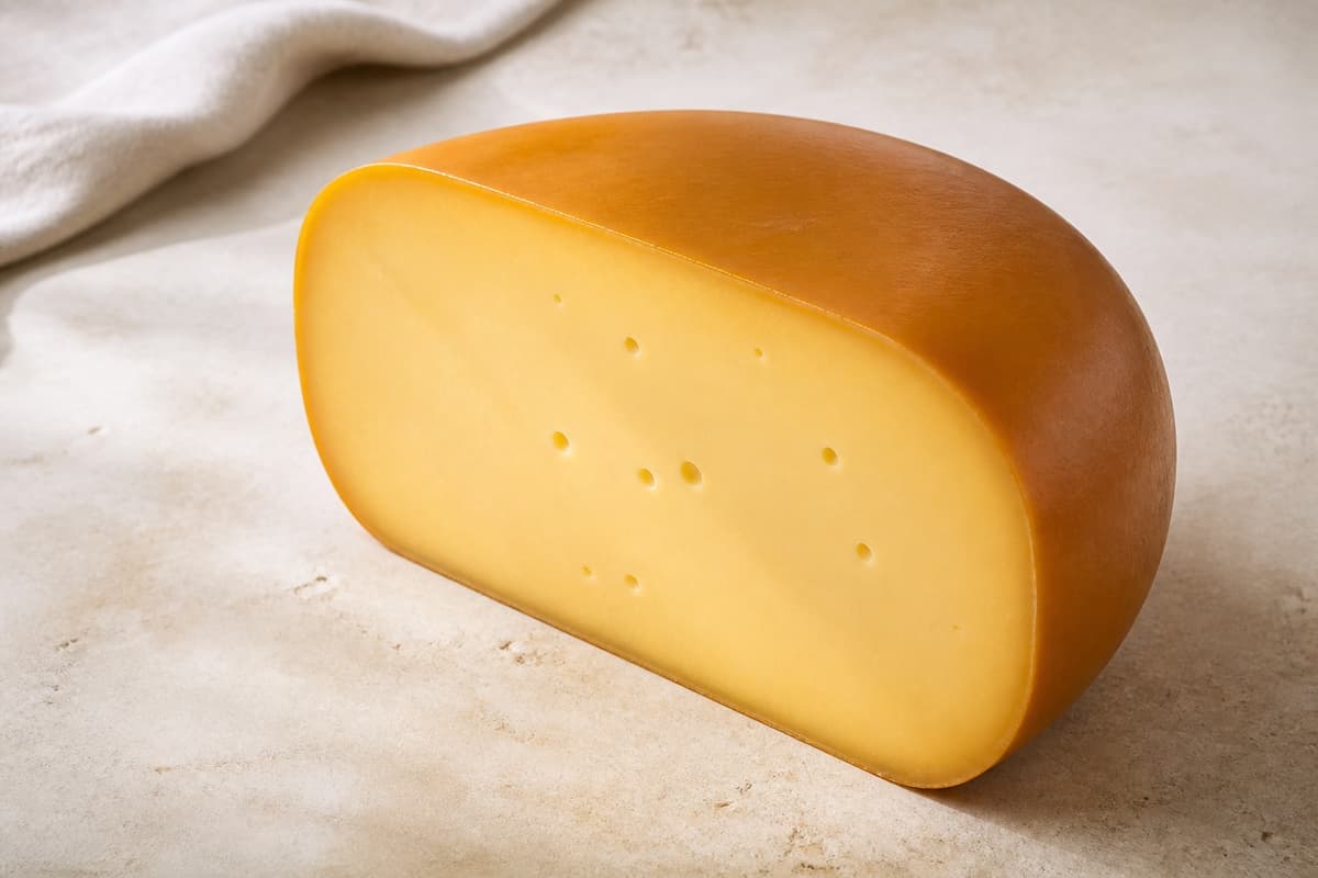 Røget gouda fotograferet i naturligt nordisk køkkenlys