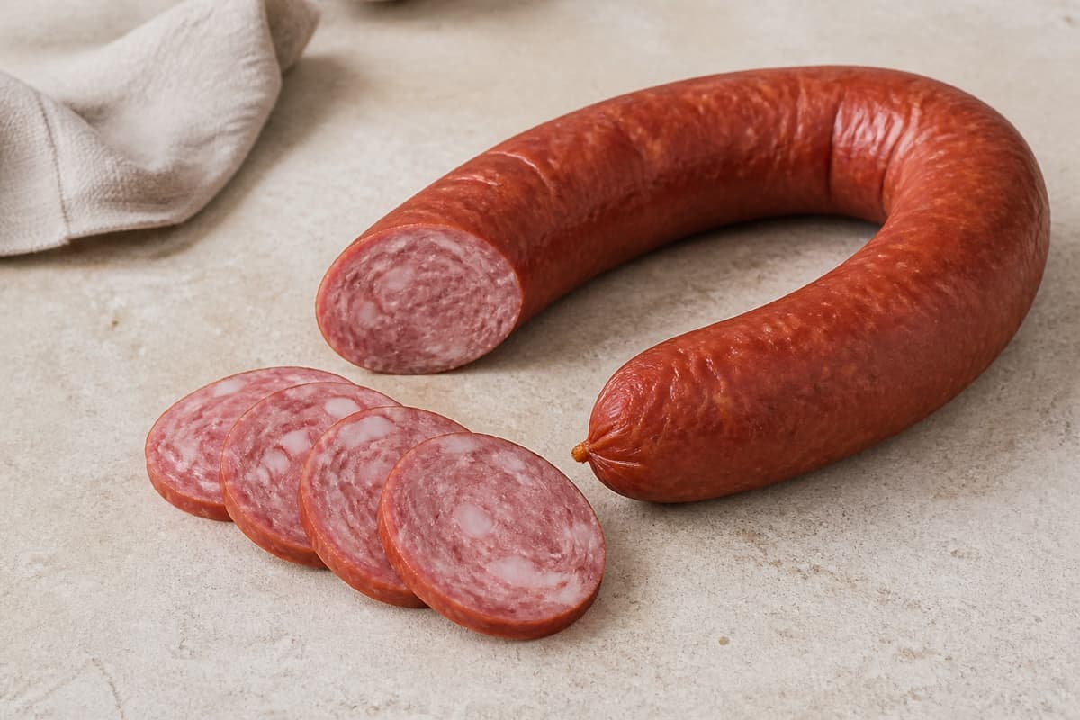 Røget lammepølse fotograferet i naturligt nordisk køkkenlys