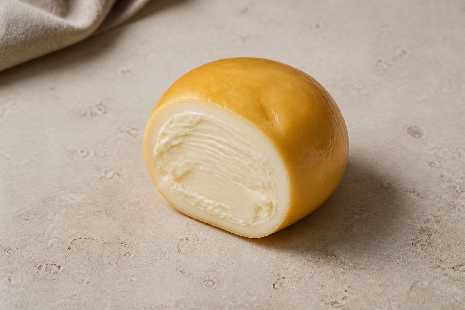 Røget mozzarella fotograferet i naturligt nordisk køkkenlys