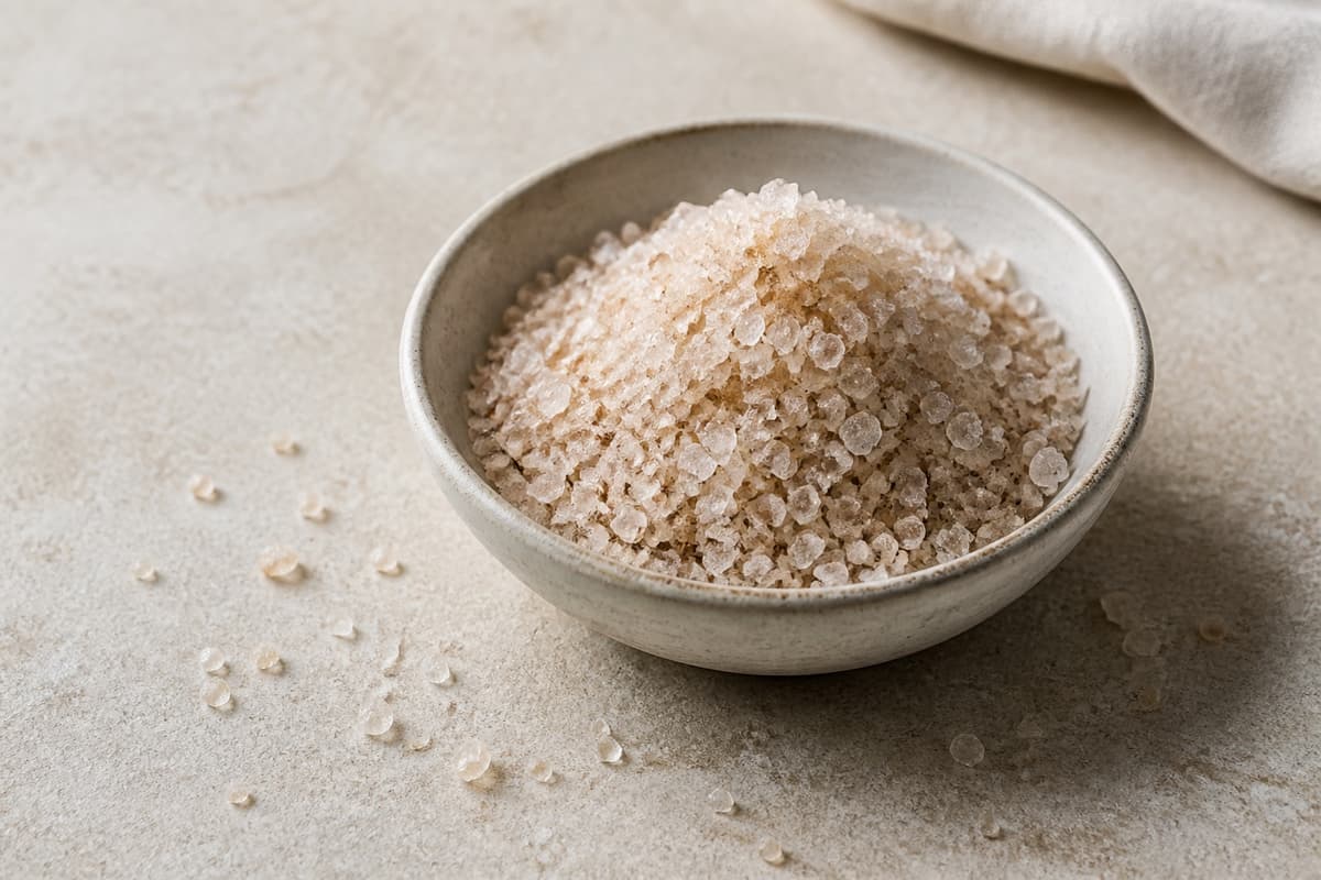 Røget salt fotograferet i naturligt nordisk køkkenlys