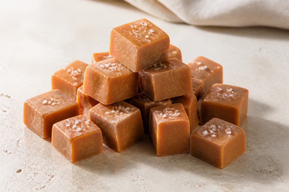 Salt karamelfudge fotograferet i naturligt nordisk køkkenlys