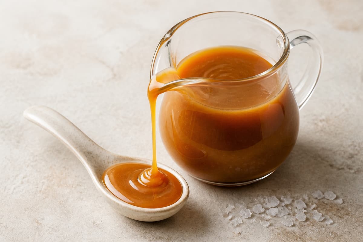 Saltkaramelsirup fotograferet i naturligt nordisk køkkenlys