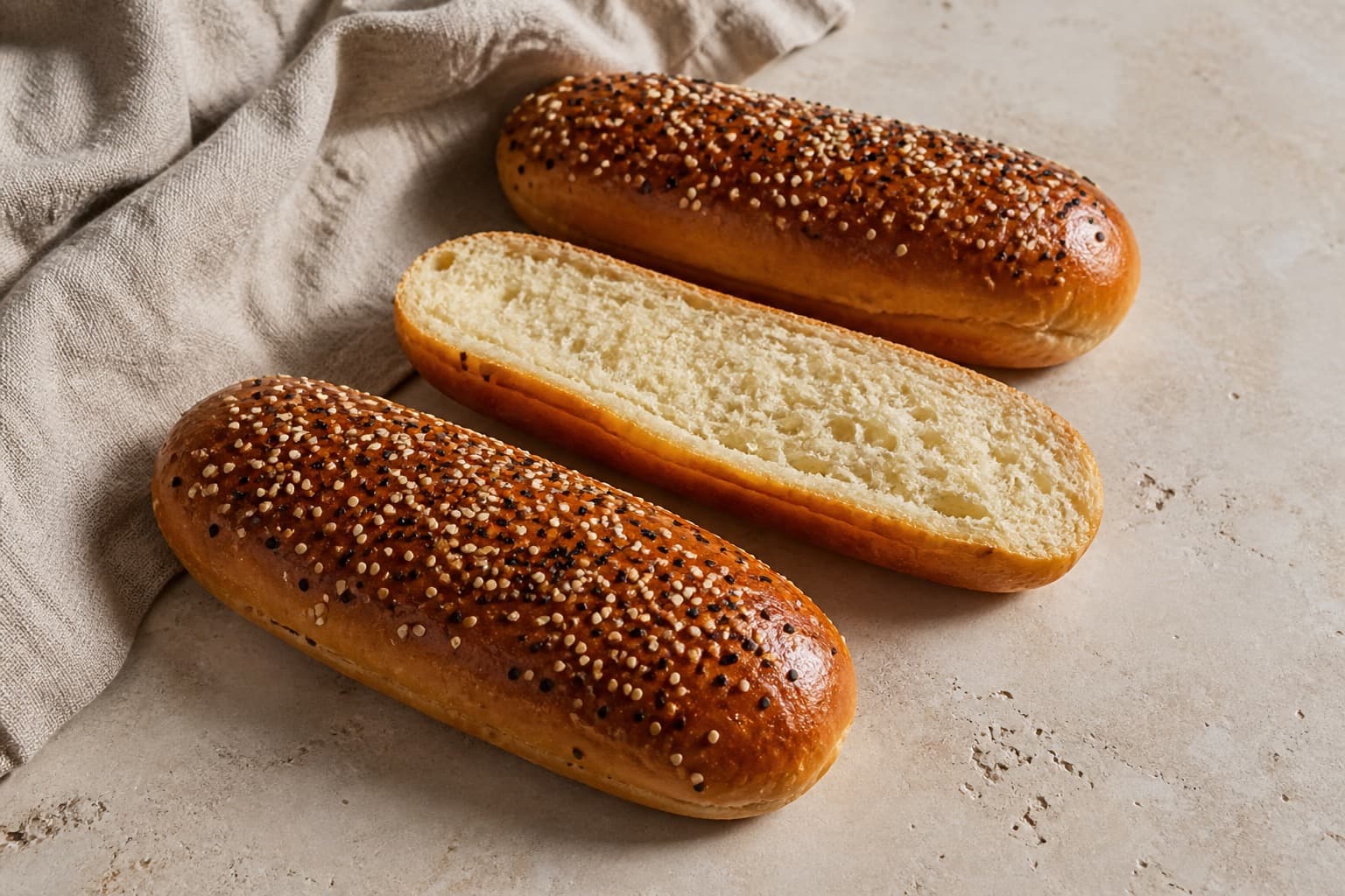 Sesambrioche-hotdogbrød fotograferet i naturligt nordisk køkkenlys