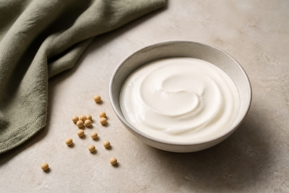 Usødet sojayoghurt fotograferet i naturligt nordisk køkkenlys