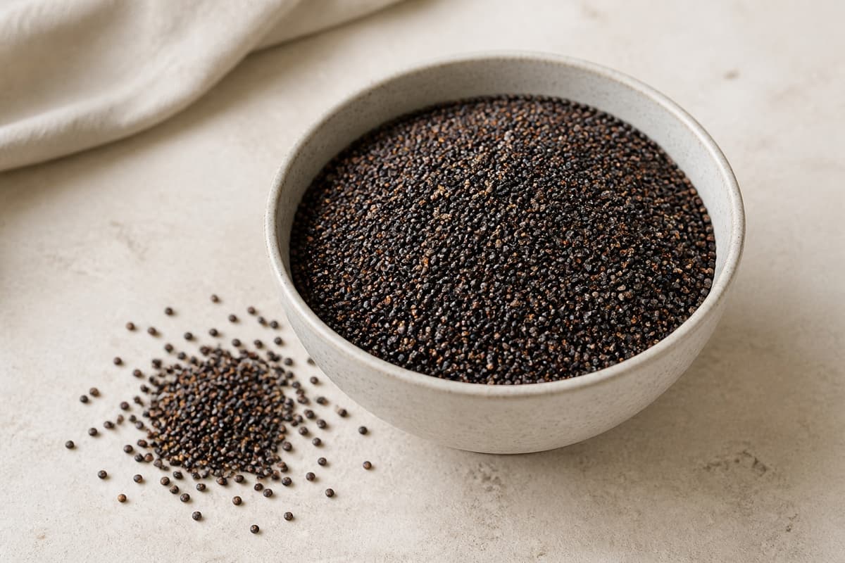 Sort quinoa fotograferet i naturligt nordisk køkkenlys