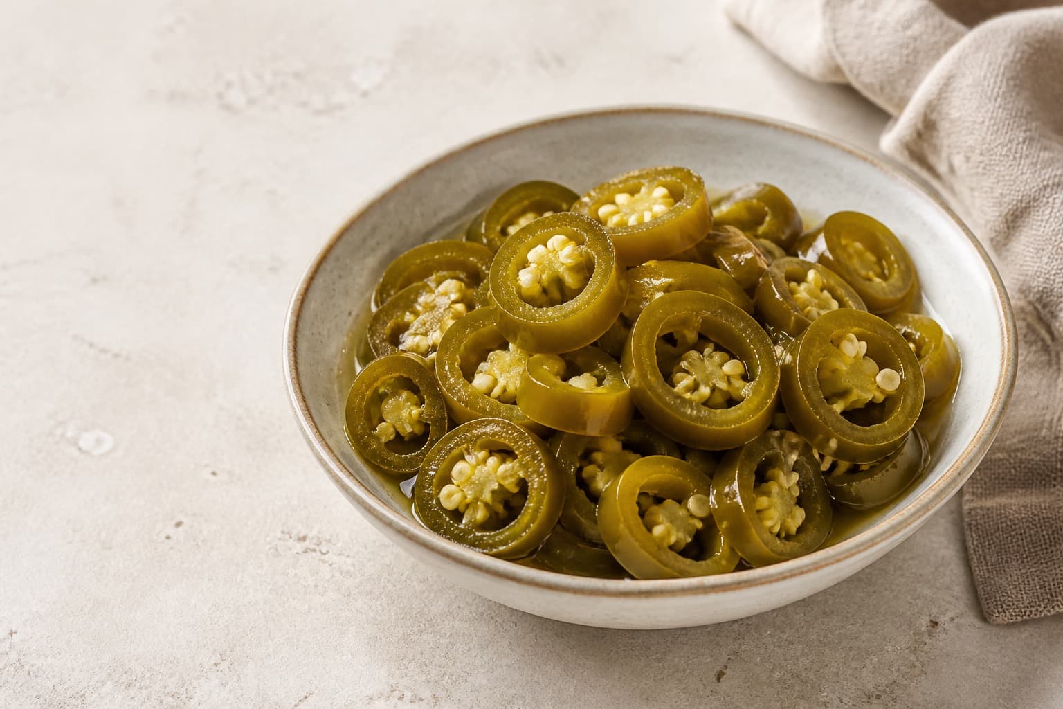 Syltede jalapeños fotograferet i naturligt nordisk køkkenlys