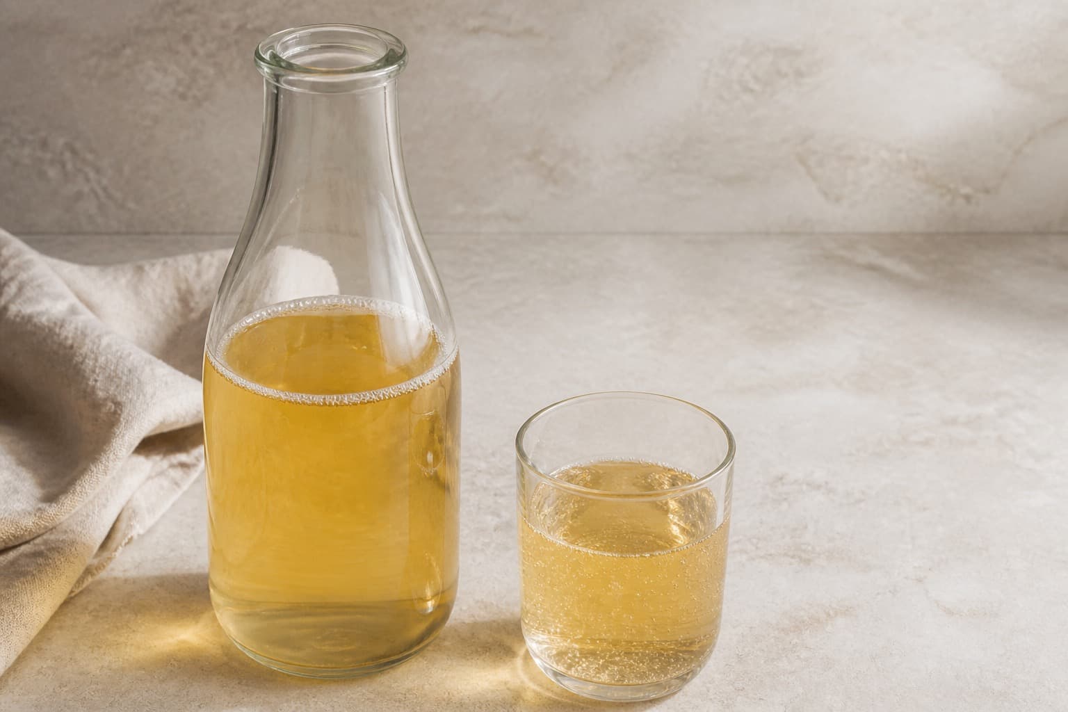 Tør æblecider fotograferet i naturligt nordisk køkkenlys