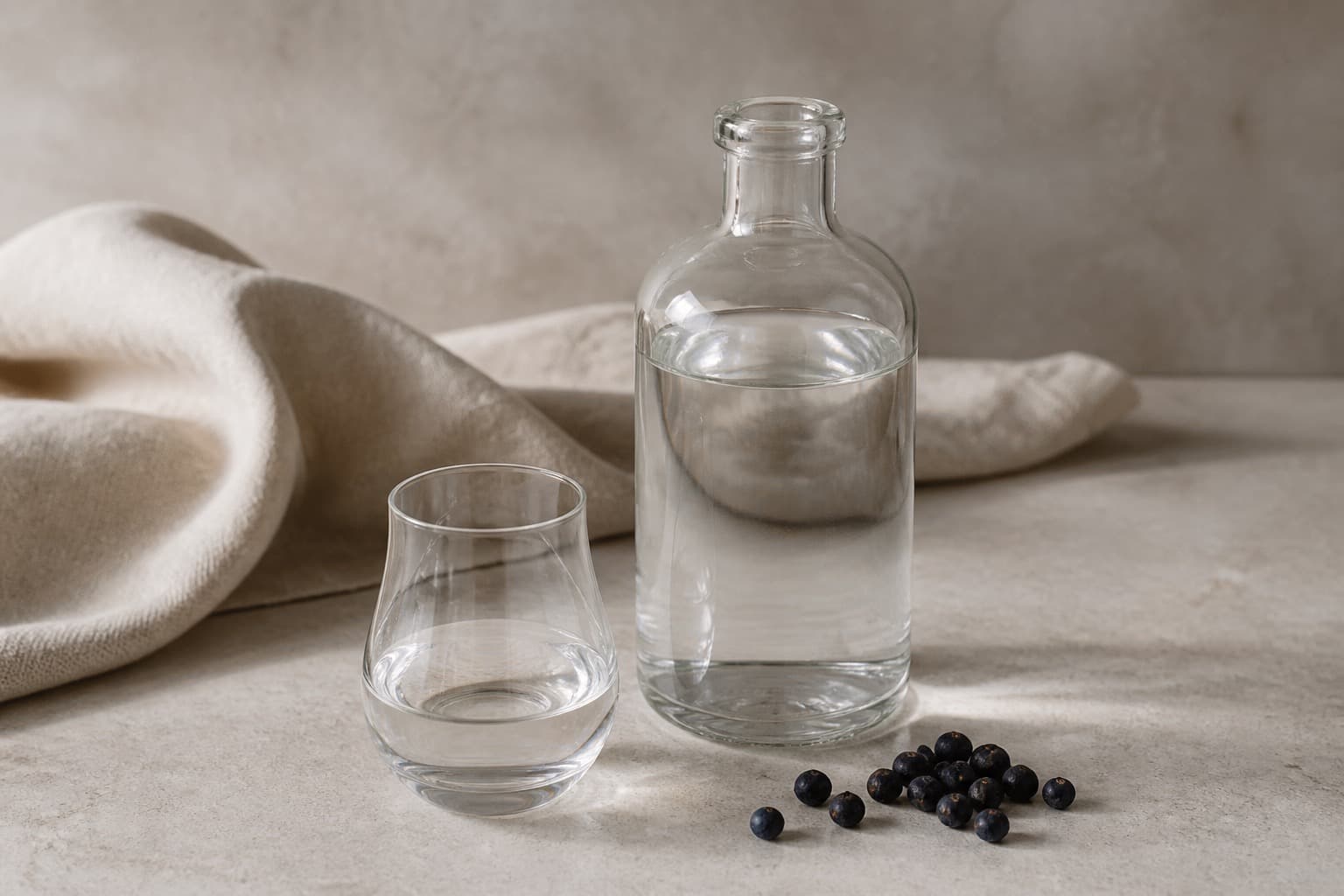 Tør gin fotograferet i naturligt nordisk køkkenlys