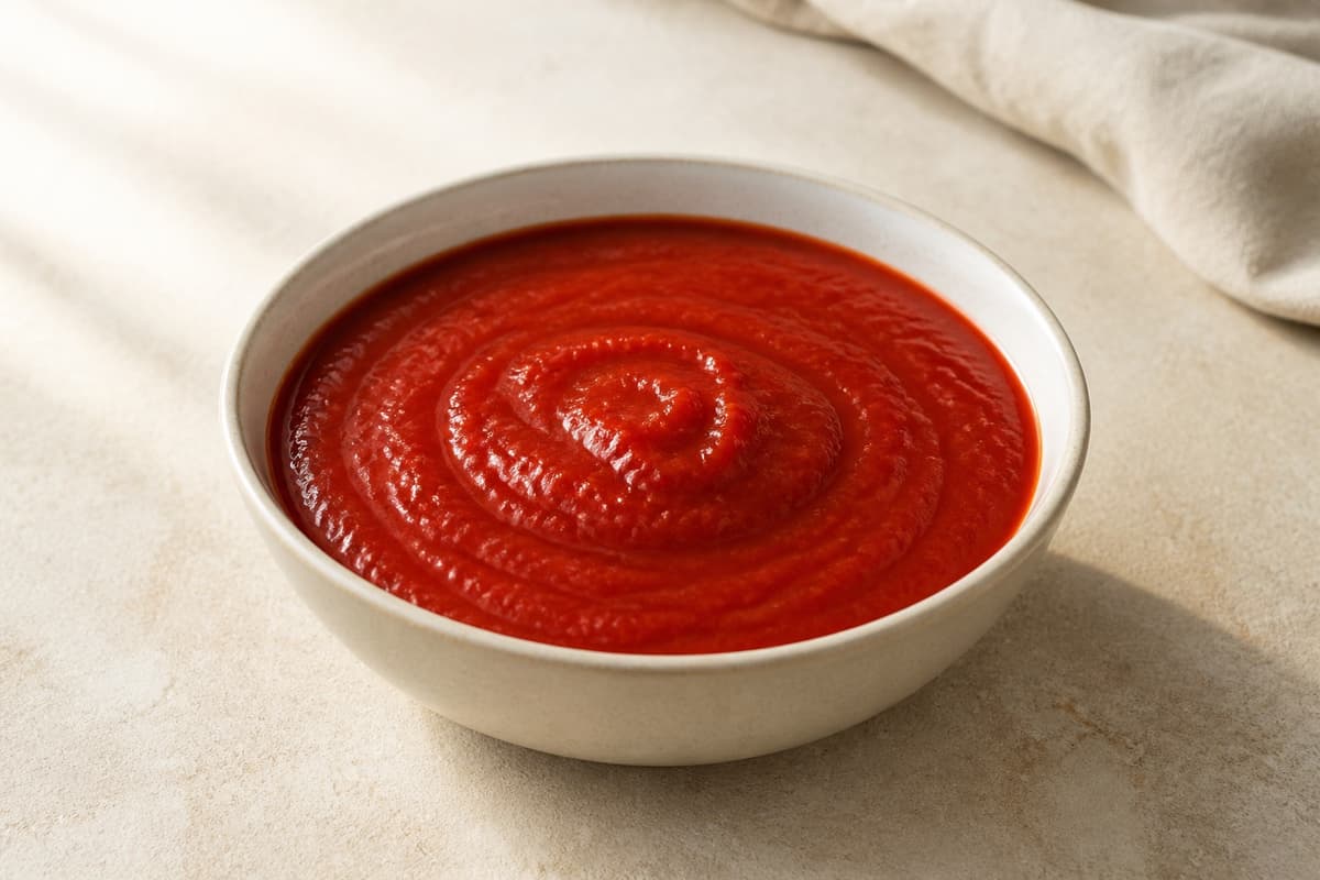 Tomatsauce fotograferet i naturligt nordisk køkkenlys
