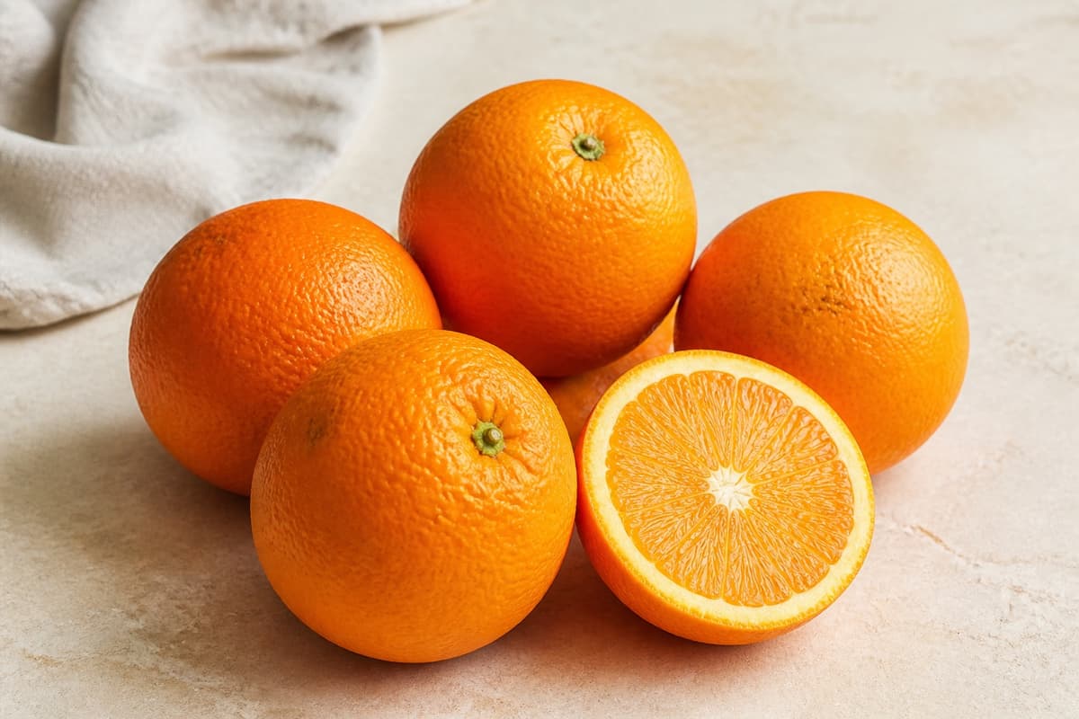 Usprøjtede appelsiner fotograferet i naturligt nordisk køkkenlys