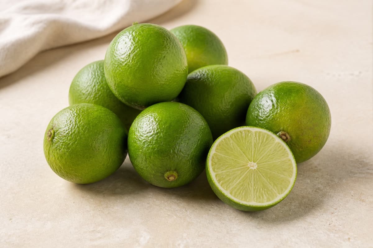 Usprøjtede limefrugter fotograferet i naturligt nordisk køkkenlys
