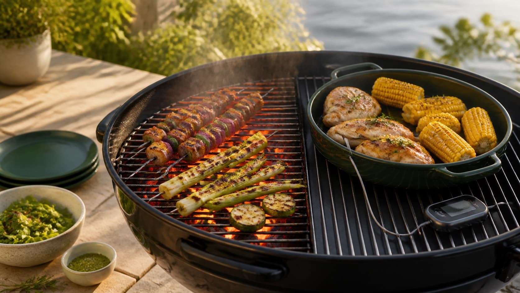 Grill med spyd og grønt over direkte varme samt kylling, majs og termometer i indirekte zone
