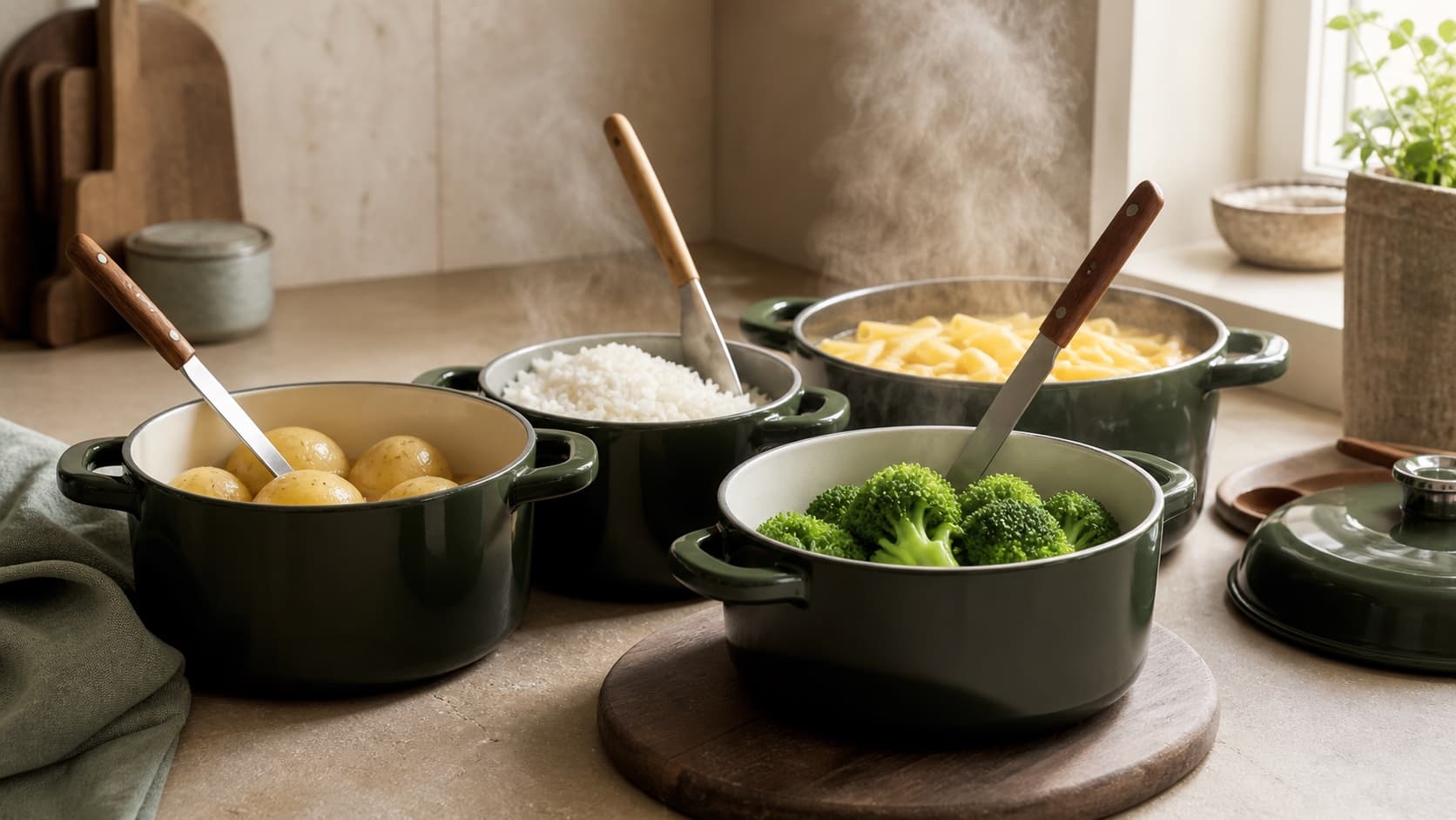 Små gryder med kartofler, ris, pasta og broccoli i et roligt køkken