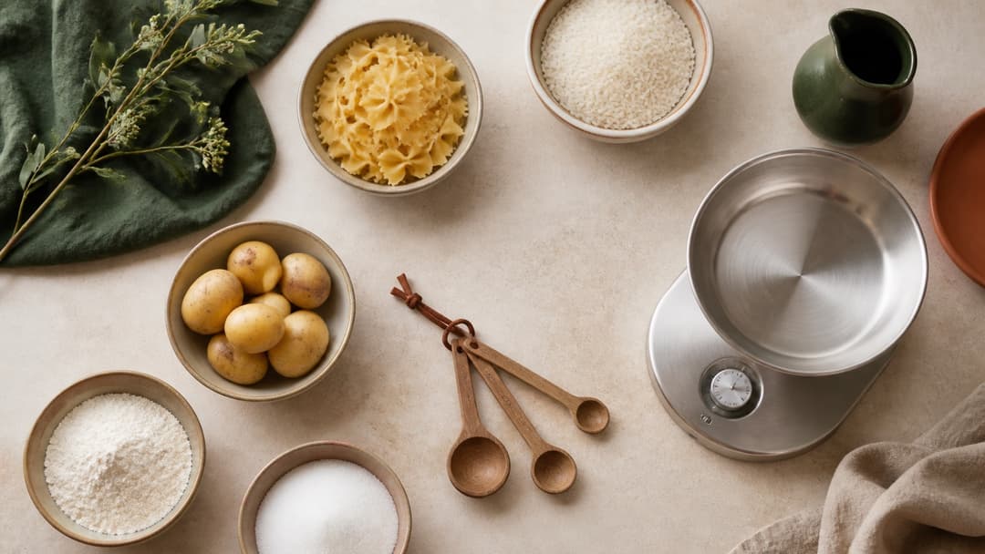 Skåle med ris, pasta, kartofler og et diskret køkkenmål på et lyst bord