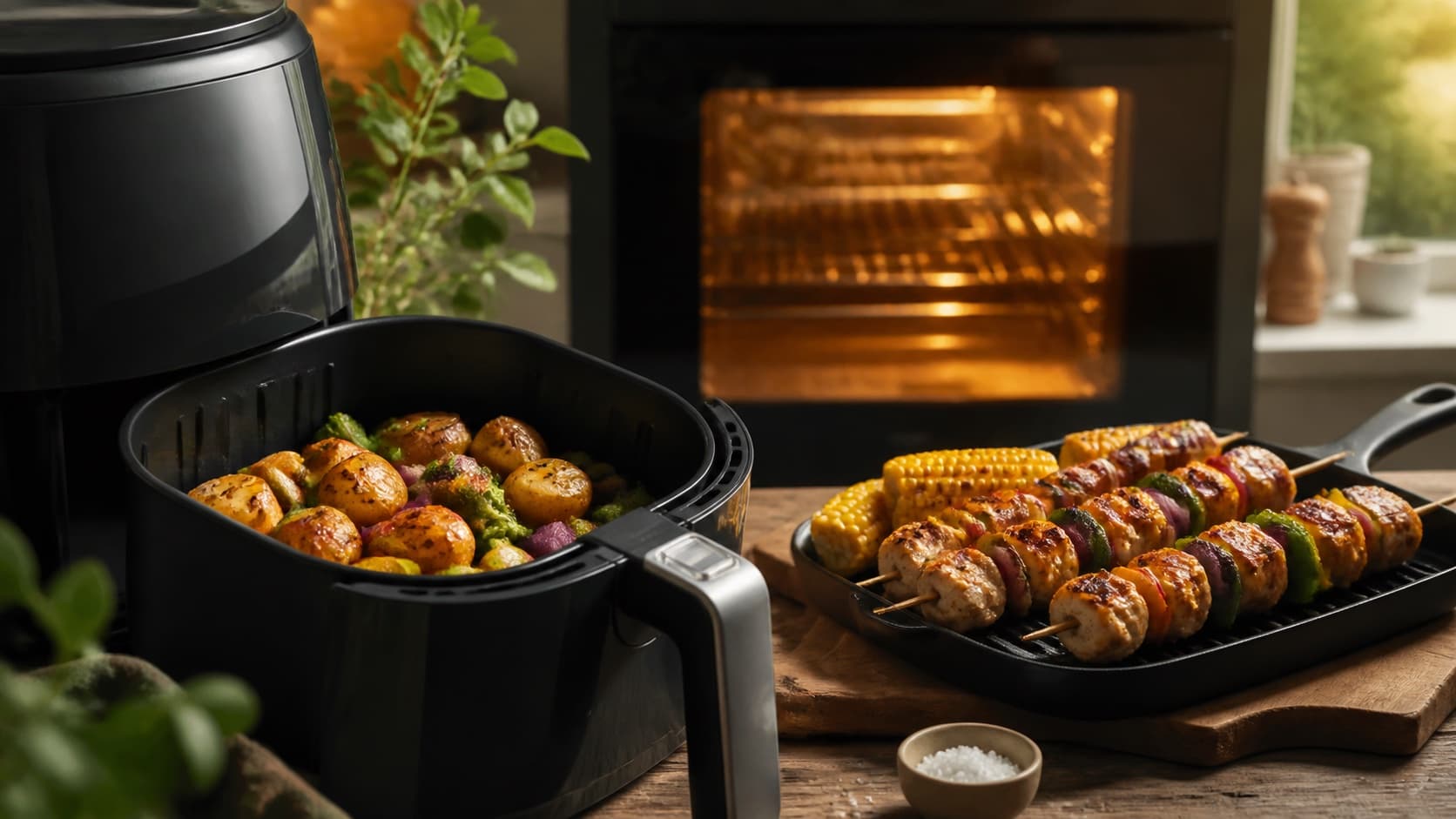 Airfryer med gyldne kartofler og grøntsager ved siden af en ovnfast form