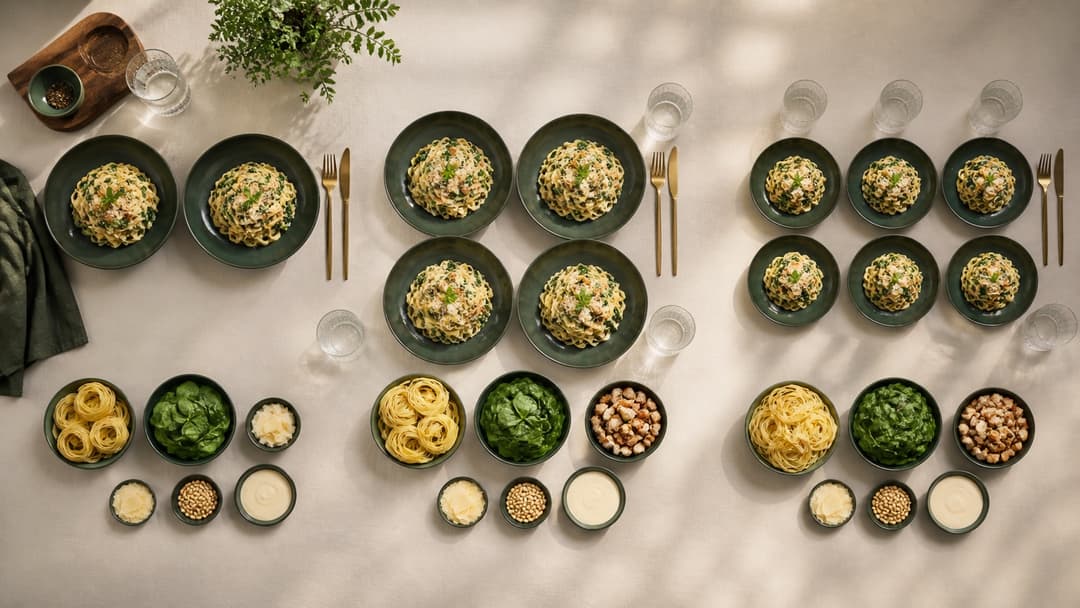 Samme pastaret anrettet til to, fire og seks personer med afmålte ingredienser