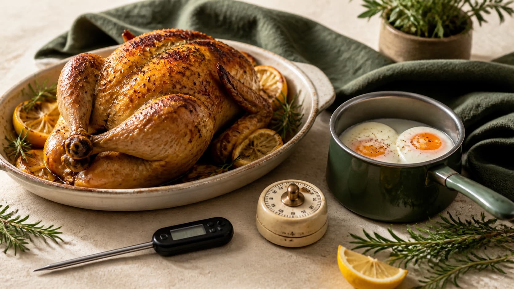 Digitalt stegetermometer i en saftig steg med krydderurter og grøntsager